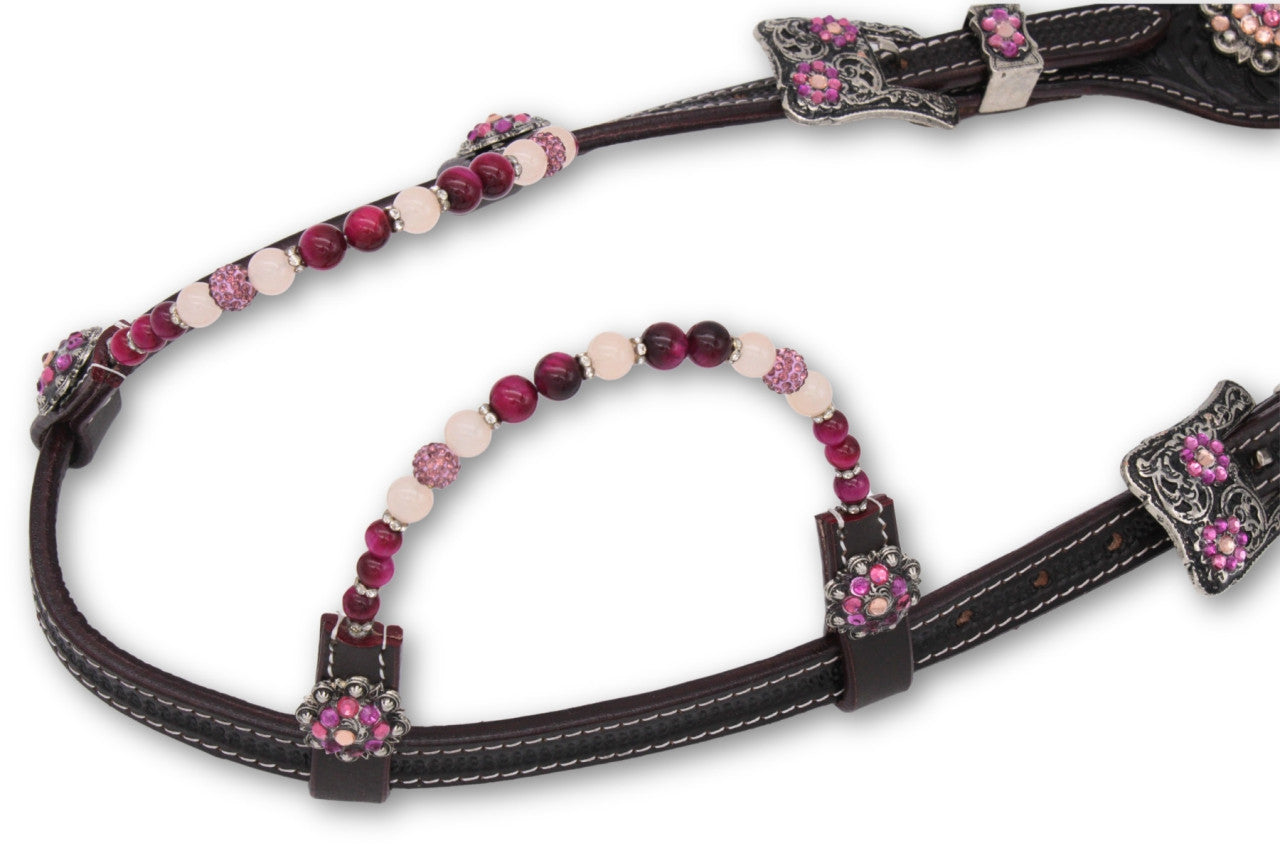 Zweiohr Westerntrense dunkelbraun punziert dark Pink/silber mit Perlen-Earloop