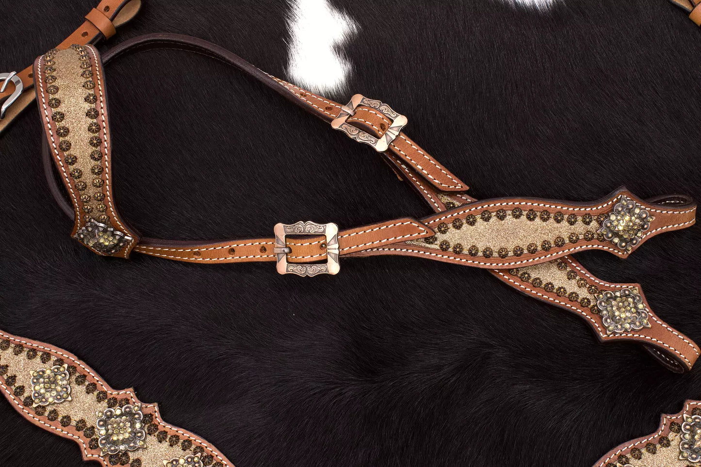 Glitzer Showtrense gold Einohr, Westerntrense mit kupferfarbenen Schnallen