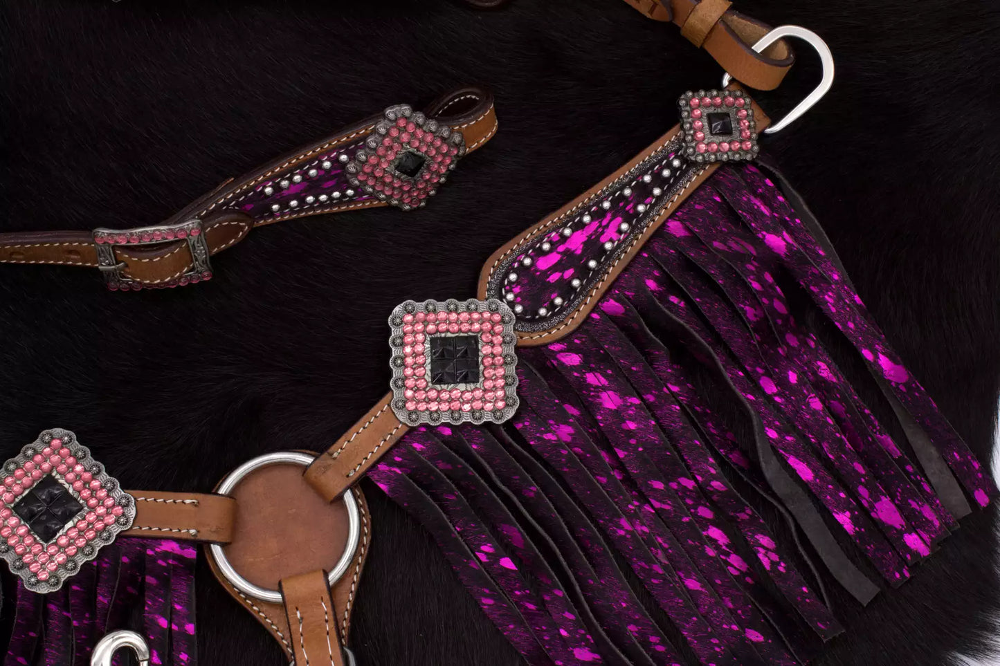 Minishetty / Shetty Westernset, Einohrtrense und Vorderzeug mit Fransen lila, pink, Strass,