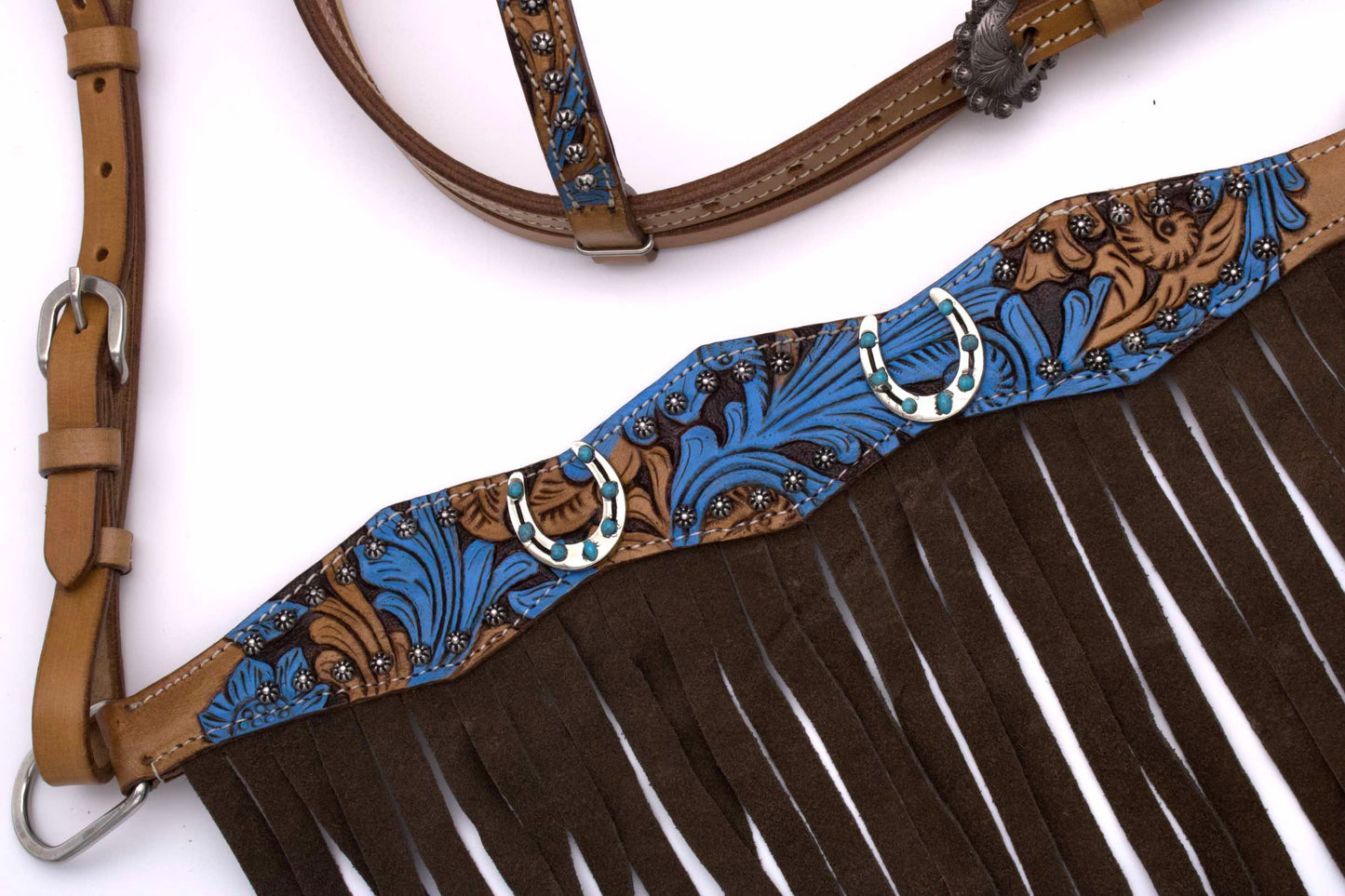 Westerntrense und Vorderzeug, Set mit punzierten Türkis und Hufeisenconchos,