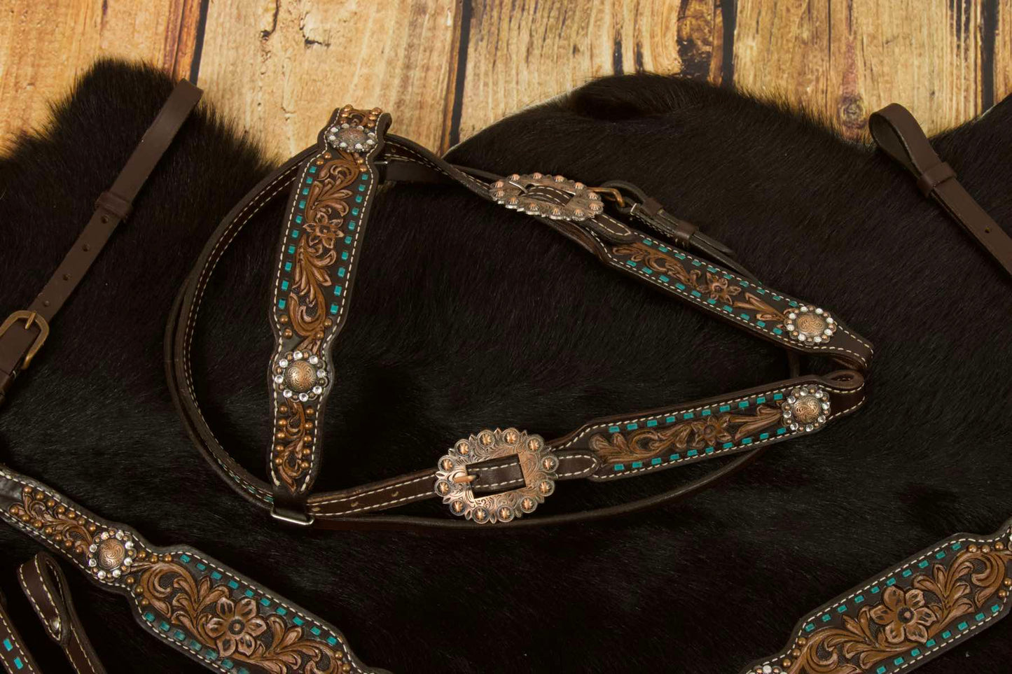 Vintage-Look Westerntrense, Set aus Kopfstück und Vorderzeug, dunkelbraun, mit Strass, petrolfarben,