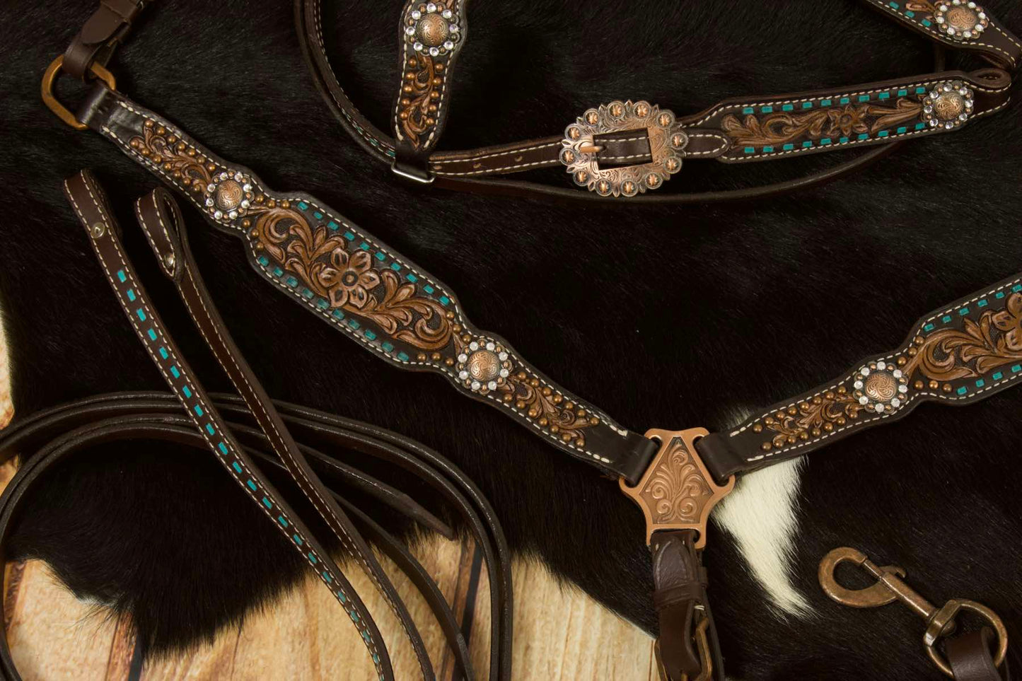 Vintage-Look Westerntrense, Set aus Kopfstück und Vorderzeug, dunkelbraun, mit Strass, petrolfarben,