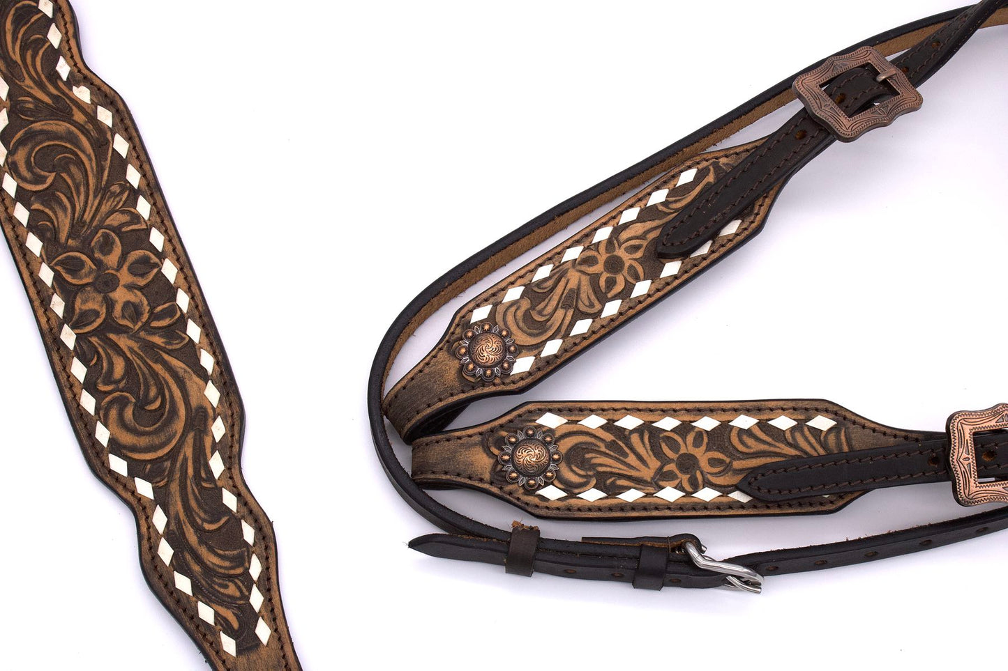 Western-Kopfstück dunkel mit Blumenpunzierung und weißen Ziernähten, Set aus Trense mit Vorderzeug,