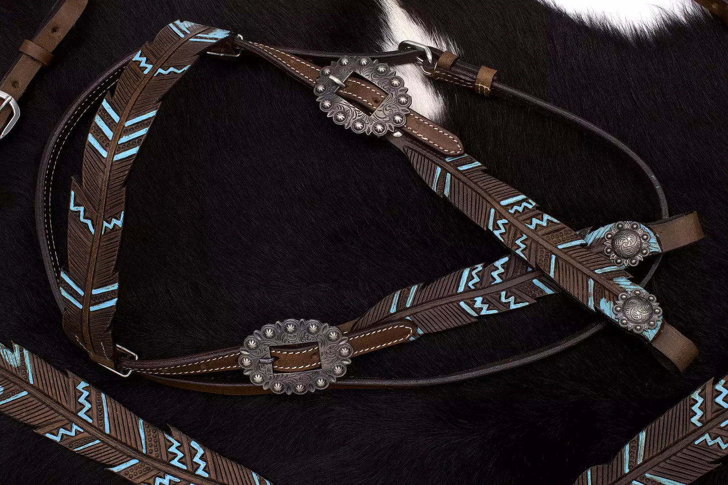 Federoptik Western-Kopfstück dunkel, Set aus Trense mit Vorderzeug, dunkelbraun, türkis,