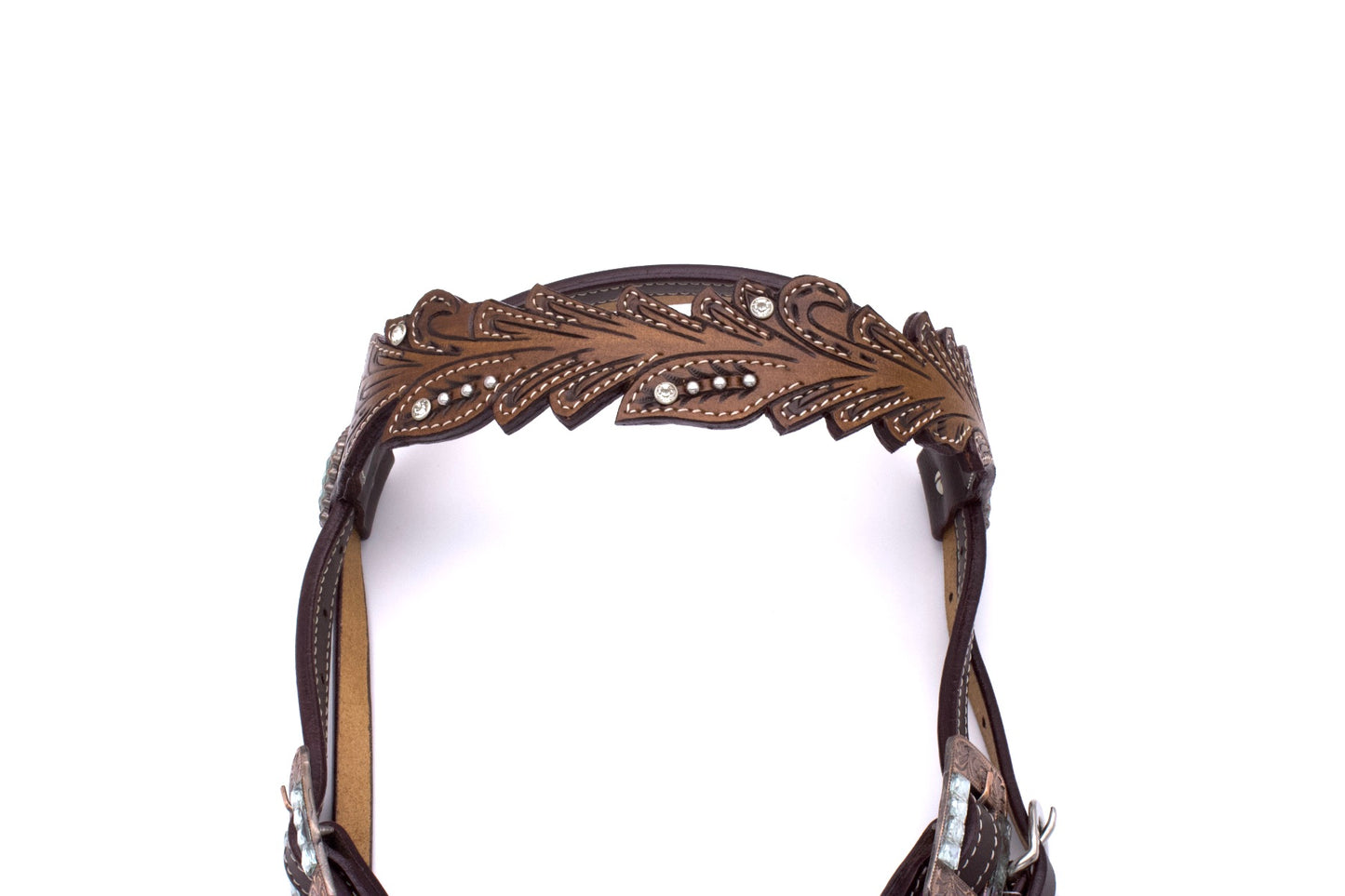 Vintage Style Westerntrense mit klaren Strasssteinen, kupferfarbene Schnallen, Stirnriemen,