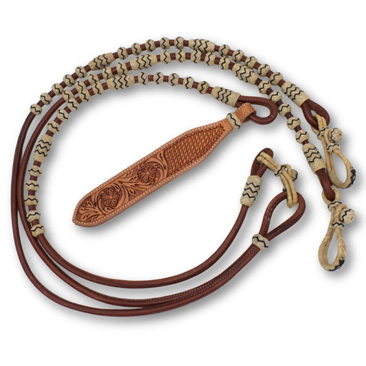 Chestnut Leder Romal Reins mit Rohhaut und Lederklatsche, verziert, rund genäht