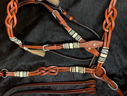 Western-Kopfstück mit Vorderzeug, keltischen Knoten und geflochtene Rohhaut Akzente, Set