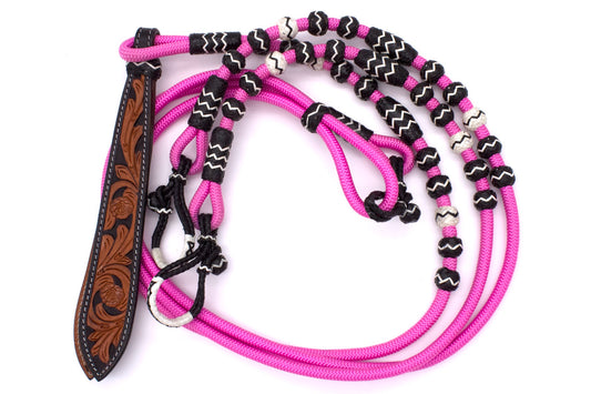 Nylon Romal Reins pink mit Buttons aus Rohhaut