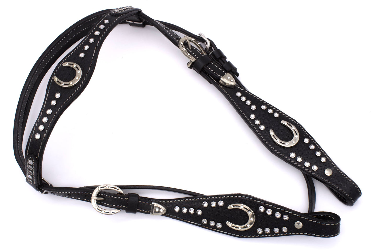 Westerntrense, Set aus Kopfstück und Vorderzeug, Hufeisen, schwarz, mit Strasssteinen, Glitzer,