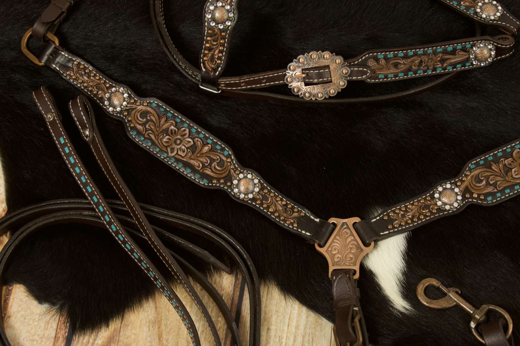 Vintage-Look Westerntrense, Set aus Kopfstück und Vorderzeug, dunkelbraun, mit Strass, petrolfarben,