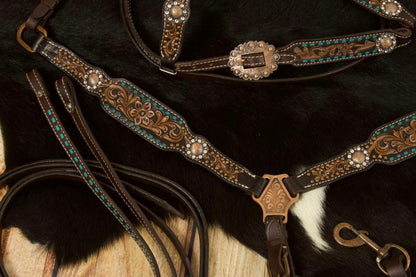 Vintage-Look Westerntrense, Set aus Kopfstück und Vorderzeug, dunkelbraun, mit Strass, petrolfarben,